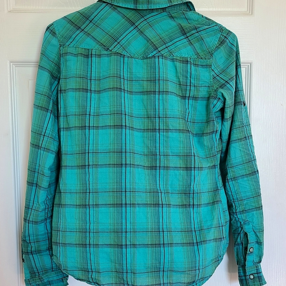 Mossimo Supply Co. Aqua/Green Plaid Cotten Button-Up Shirt Size Small Womens - Picture 5 of 7